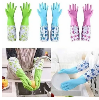 Picture of 1 pair Household Gloves with Soft Fiber lining Extra Long Cuff and Vinyl Textured Grip for Women, Reusable Gloves for Dish Washing, Latex Free, Elbow Length Picture of 1 pair Household Gloves with Soft Fiber lining Extra Long Cuff and Vinyl Textured Grip for Women, Reusable Gloves for Dish Washing, Latex Free, Elbow Length