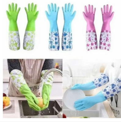 Picture of 1 pair Household Gloves with Soft Fiber lining Extra Long Cuff and Vinyl Textured Grip for Women, Reusable Gloves for Dish Washing, Latex Free, Elbow Length Picture of 1 pair Household Gloves with Soft Fiber lining Extra Long Cuff and Vinyl Textured Grip for Women, Reusable Gloves for Dish Washing, Latex Free, Elbow Length