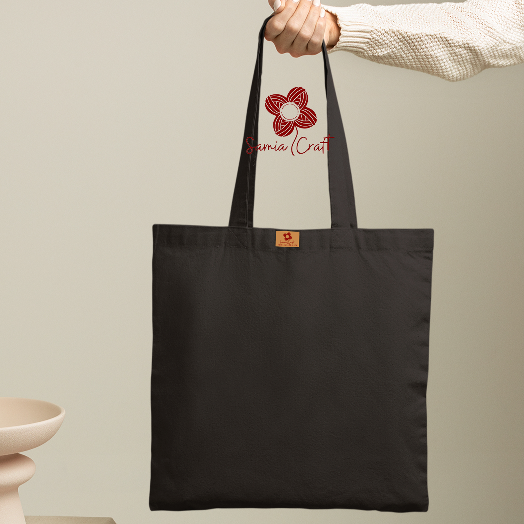 Picture of Samia Crafts 13/14 Fashionable Simple Plain Solid Black Color Top Handle Stylish Canvas Tote Bag With Zipper - Hand and Shoulder Bag