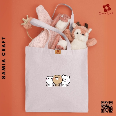 Picture of SamiaCraft Kitty Cat Designed Cotton Canvas Tote Bag with Zipper for Women & Students University, College Fashion