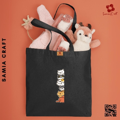 Picture of SamiaCraft Kitty Cat Designed Cotton Canvas Tote Bag with Zipper for Women & Students University, College Fashion - Everyday Daily Use