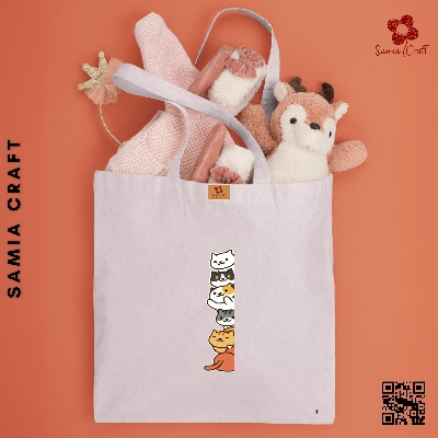 Picture of SamiaCraft Kitty Cat Designed Cotton Canvas Tote Bag with Zipper for Women & Students University, College Fashion - Everyday Daily Use