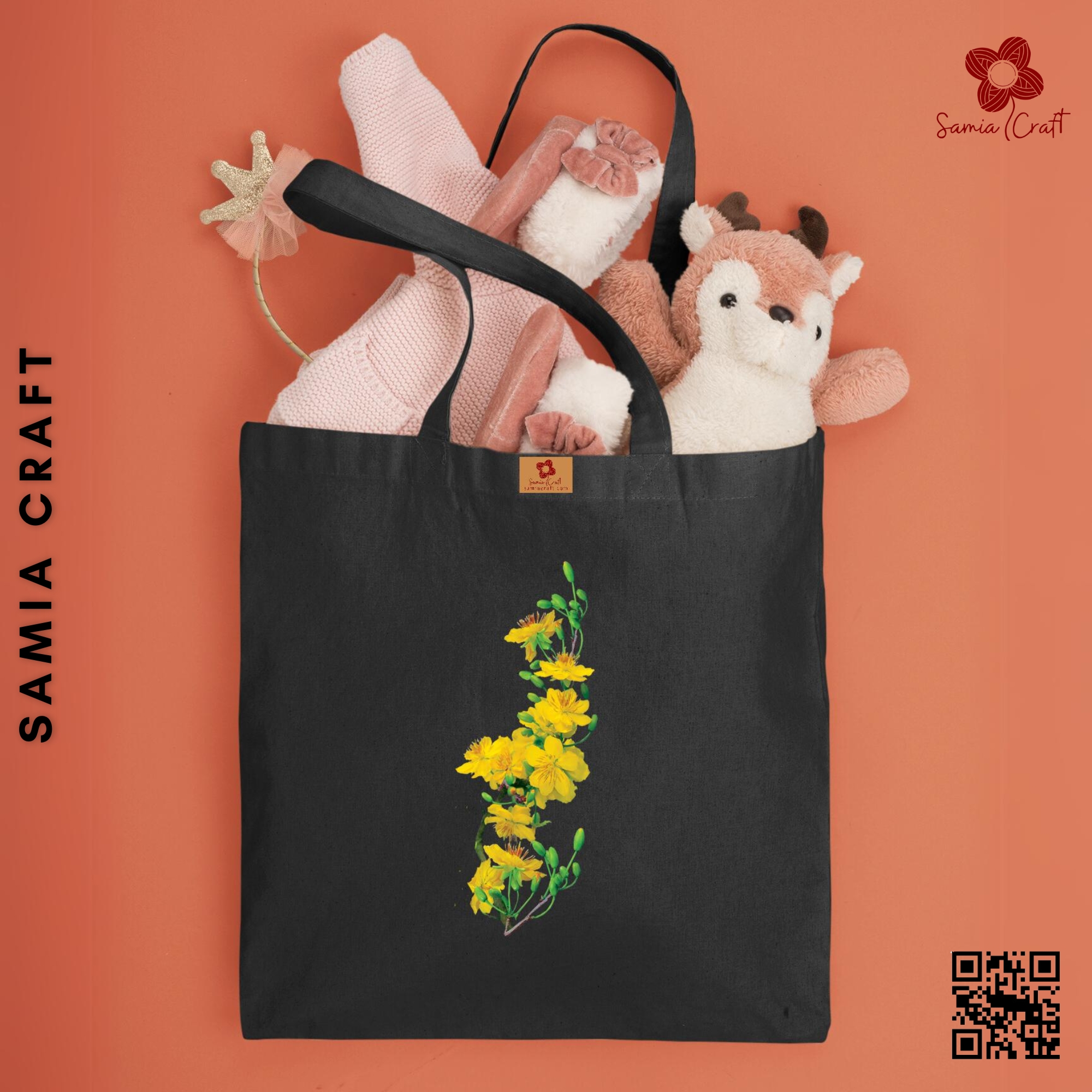 Picture of SamiaCraft Yellow Floral Design Cotton Canvas Tote Bag with Zipper for Women & Students University, College Fashion - Everyday Daily Use