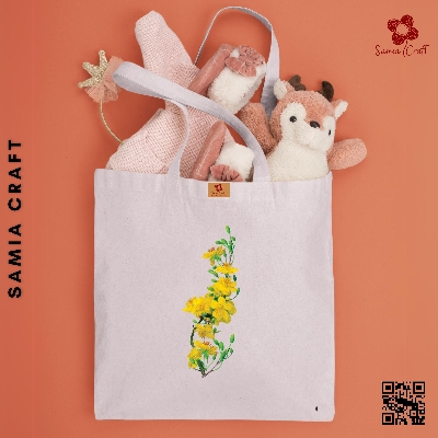 Picture of SamiaCraft Yellow Floral Design Cotton Canvas Tote Bag with Zipper for Women & Students University, College Fashion - Everyday Daily Use