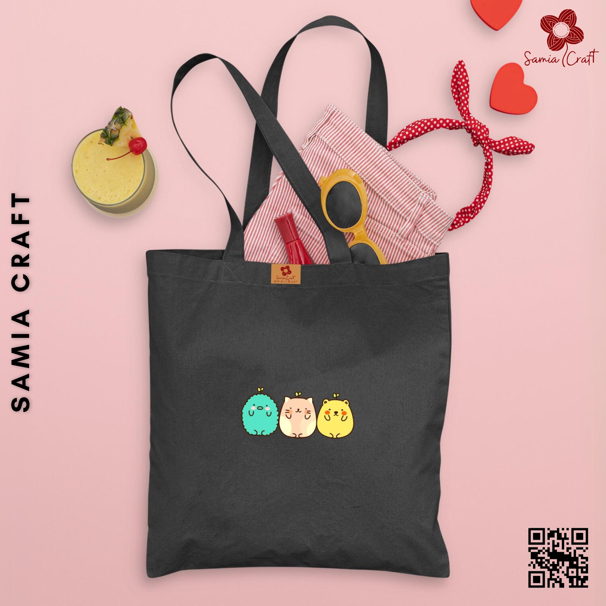 Picture of SamiaCraft Cute Cartoon Design Cotton Canvas Tote Bag with Zipper for Women & Students University, College Fashion - Everyday Daily Use