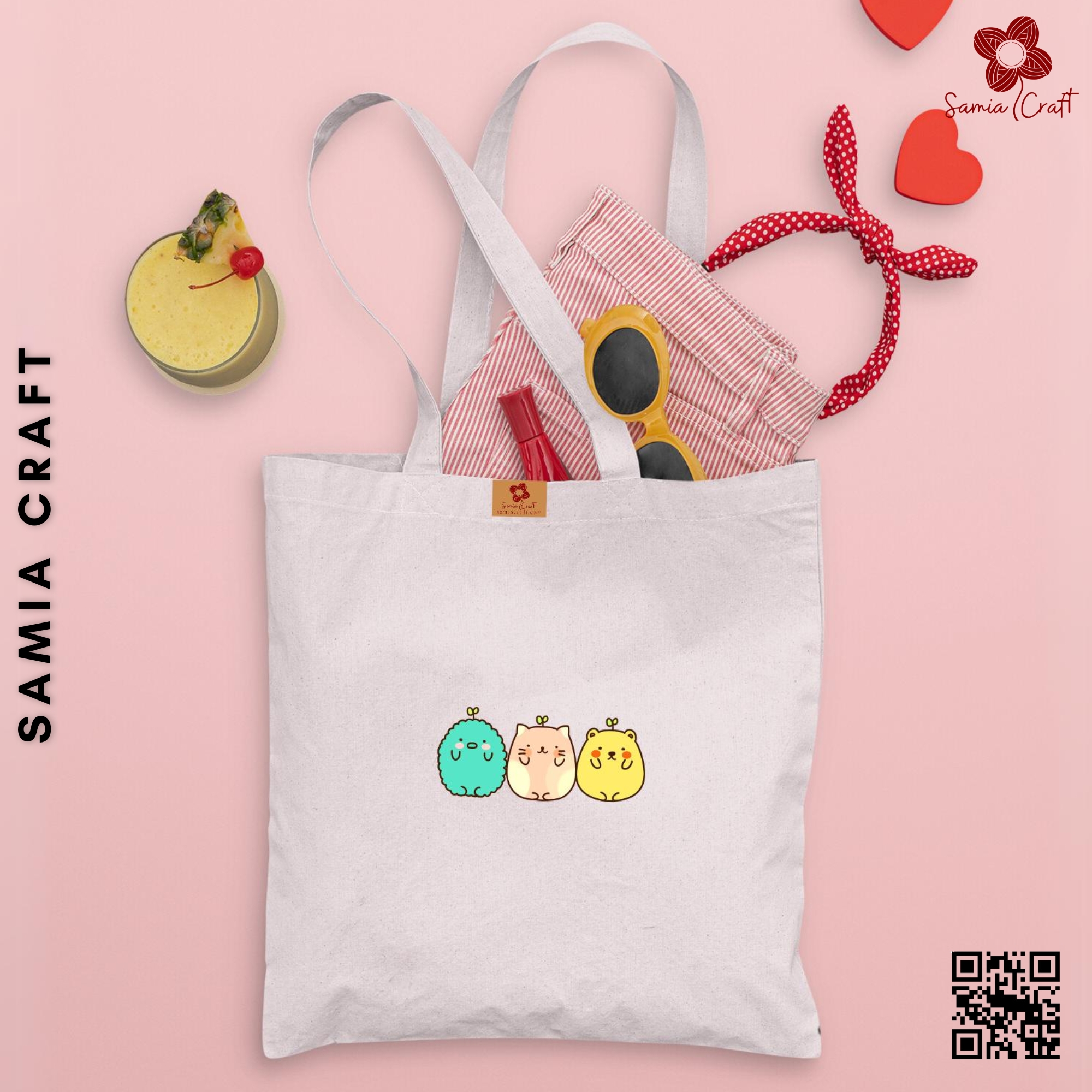 Picture of SamiaCraft Cute Cartoon Design Cotton Canvas Tote Bag with Zipper for Women & Students University, College Fashion - Everyday Daily Use