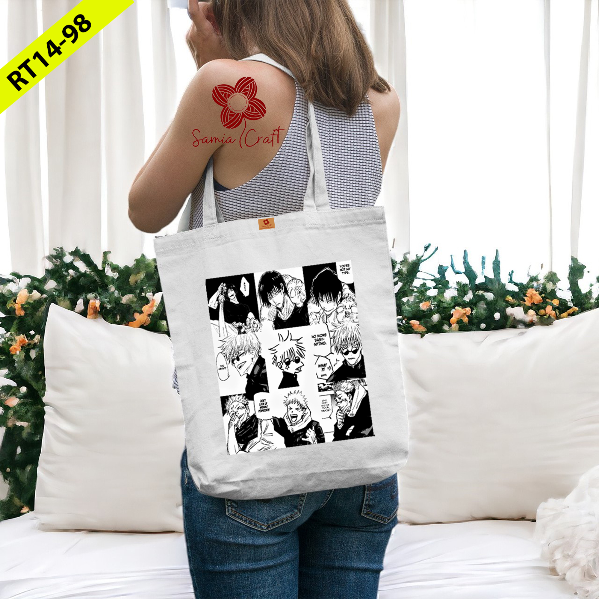 Picture of Samia Craft Anime Black & White Aesthetic Design Cotton Canvas Tote Bag with Zipper - For Anime Lover, Stylish and Modern School College University