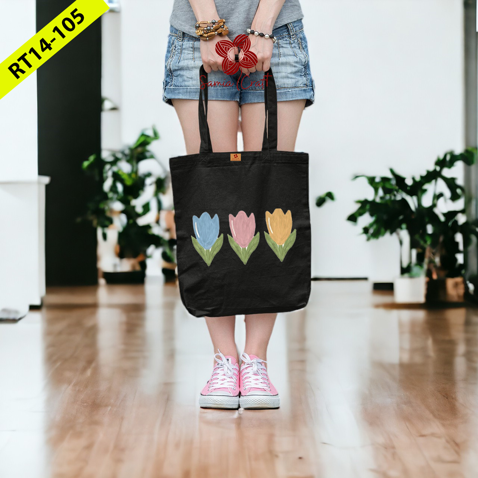 Picture of Samia Craft Flower Design Splendor Cotton Canvas Tote Bag with Zipper in Rainbow Shades - for Large Capacity Simple Design  School College University