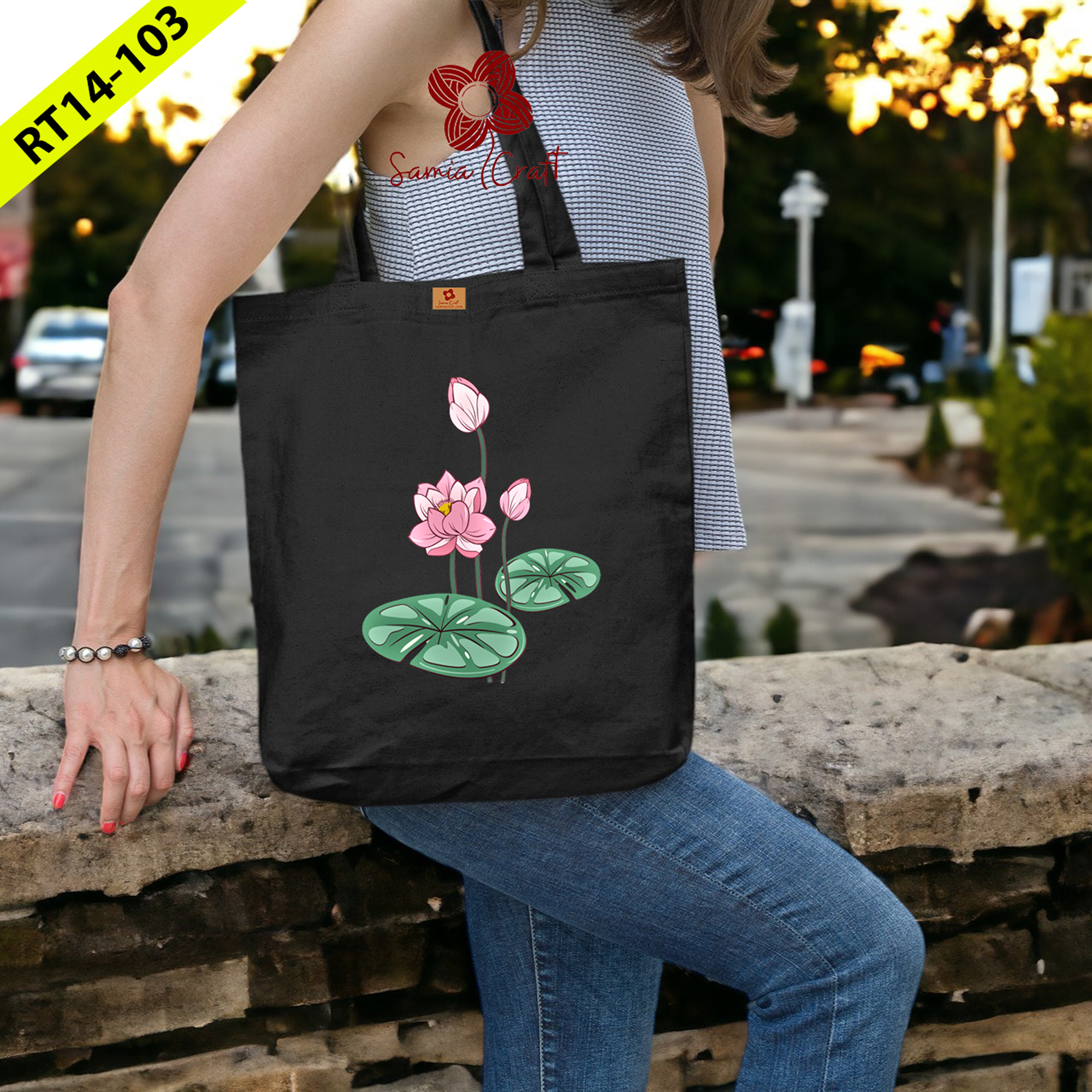 Picture of Samia Craft Beautiful Flower Design Cotton Canvas Tote Bag with Zipper - Simple and Stylish Water Lily Design for Women's School College University