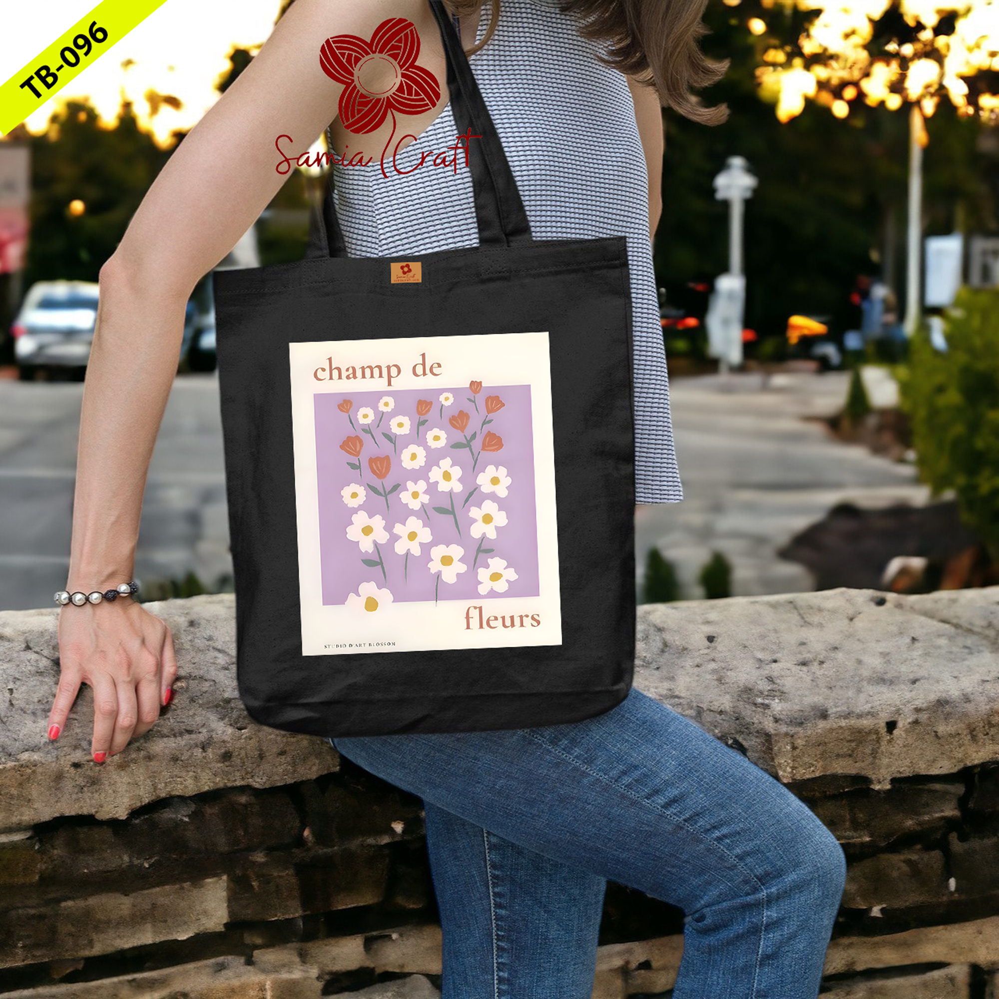 Picture of Samia Craft Nature's Strokes Beautiful Flowers Digital Design Print on Cotton Canvas Tote bag with Zipper - Stylish and Fashionable & Suitable for School College University