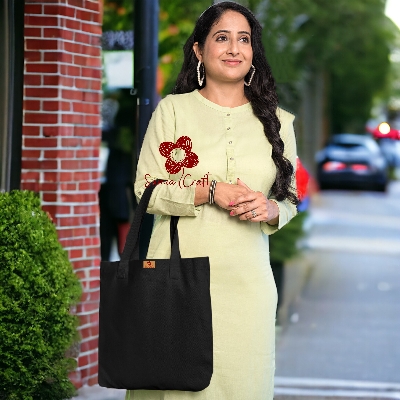 Picture of Samia Crafts 13/14Inc Fashionable Top Handle Simple Plain Solid Black Color Canvas Tote Bag with Zipper Best Fabric & Shopping Bag For Everyday Daily Use - Durability Assurance