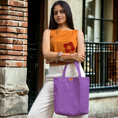 Picture of Samia Crafts 13/14Inc Fashionable Simple Plain Solid Lavender Color Top Handle Canvas Tote Bag with Zipper Best Fabric & Shopping Bag For Everyday Daily Use