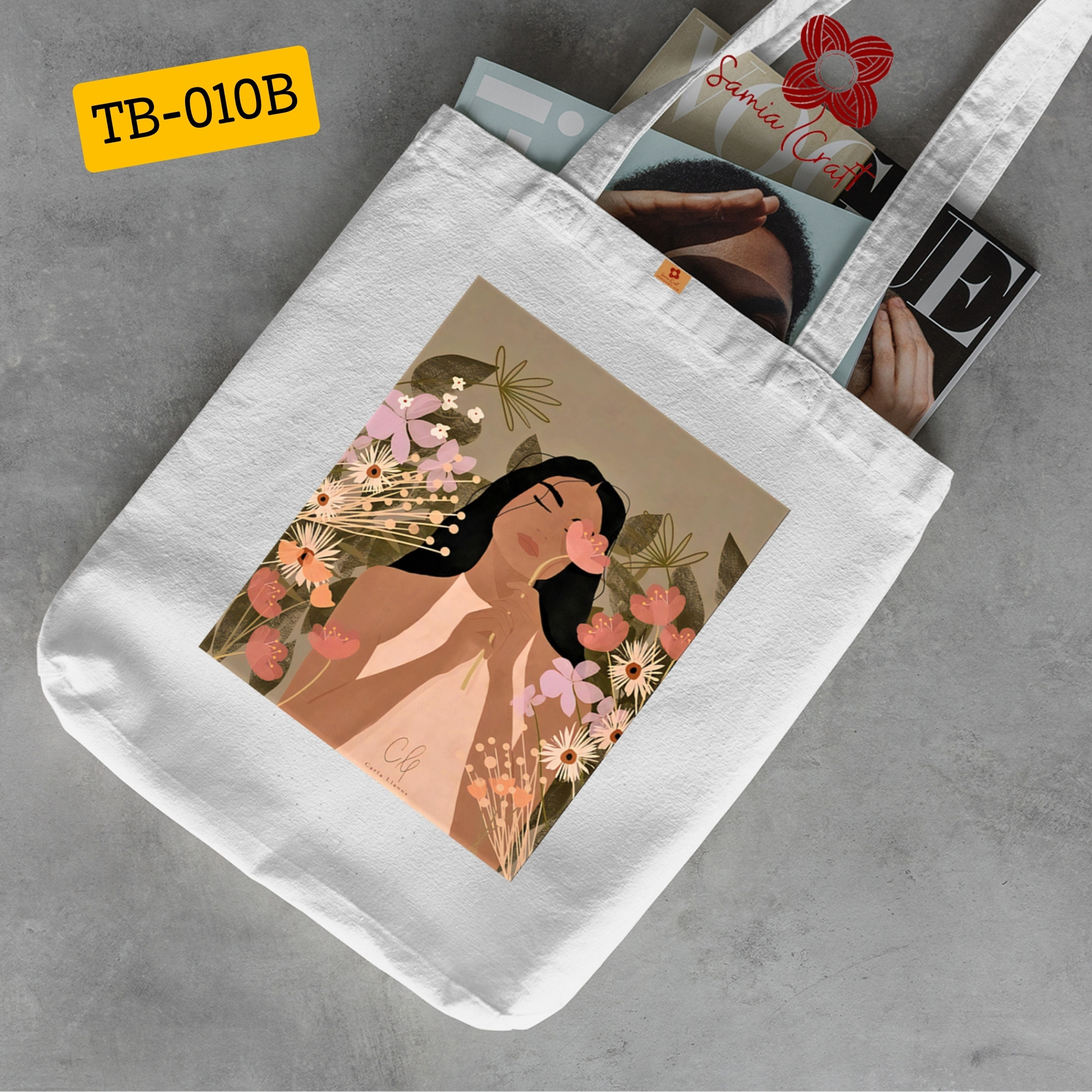 Picture of Samia Craft Special Design Women with Flowers Colorful Canvas Tote Bag with Zipper - Fashionable Modern Design  For School College University Girls and womens Picture of Samia Craft Special Design Women with Flowers Colorful Canvas Tote Bag with Zipper - Fashionable Modern Design  For School College University Girls and womens