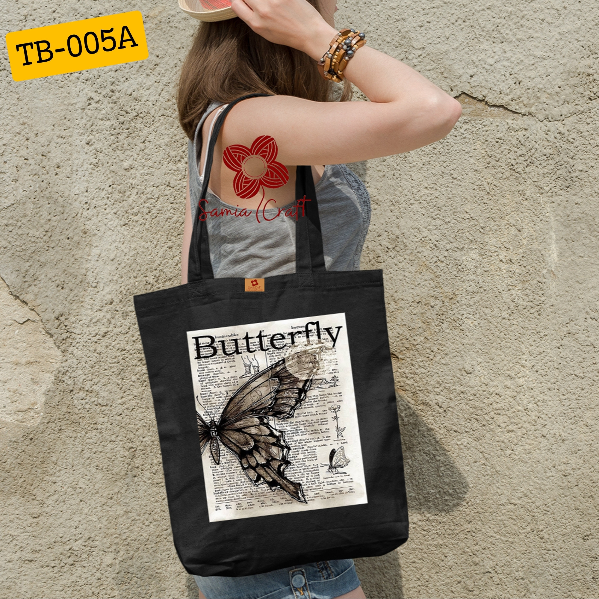 Picture of Samia Craft Trendy Butterfly and Text Design Cotton Canvas Tote Bag with Zipper - Stylish Modern bag  for School College University