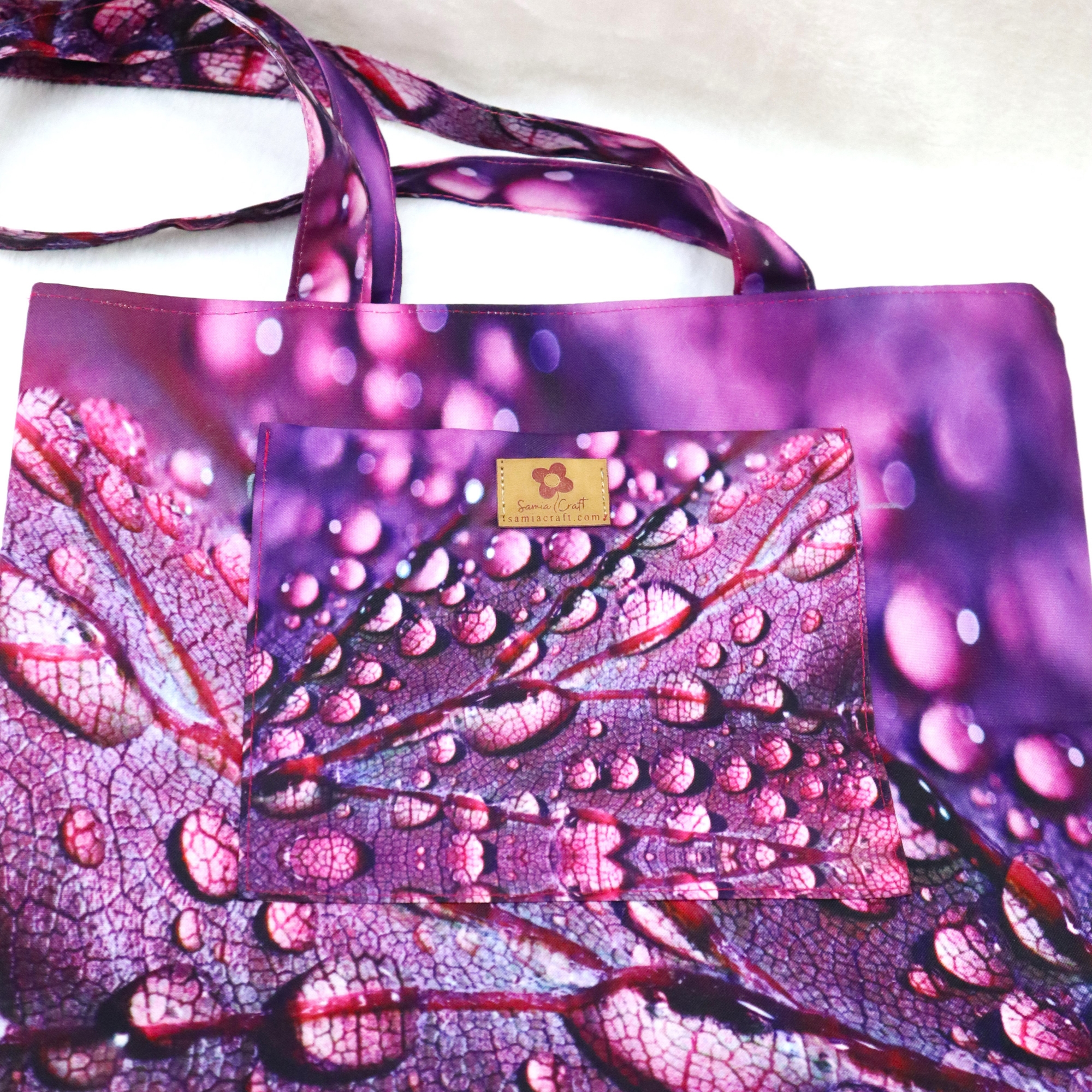 Picture of SamiaCraft Water Drops Purple Leaf Printed Fashionable Stylish Modern and Aesthetic Design Top Handle Shoulder Bags with Maximum Utility