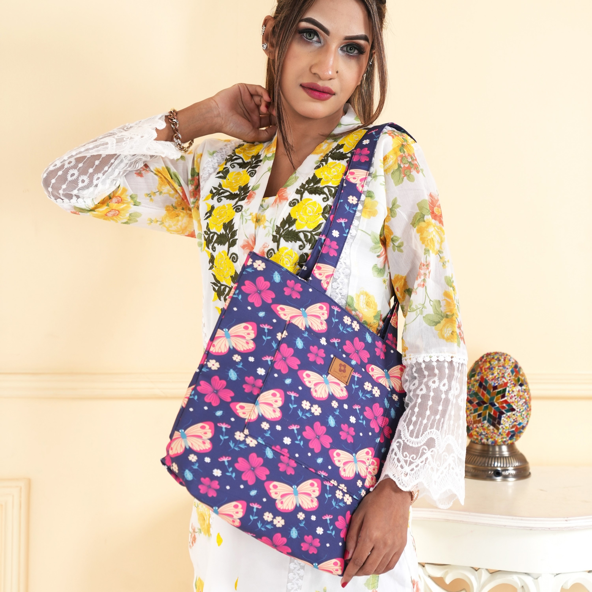 Picture of Insects Flowers Printed Top Handle Bags for Women and Girls Picture of Insects Flowers Printed Top Handle Bags for Women and Girls