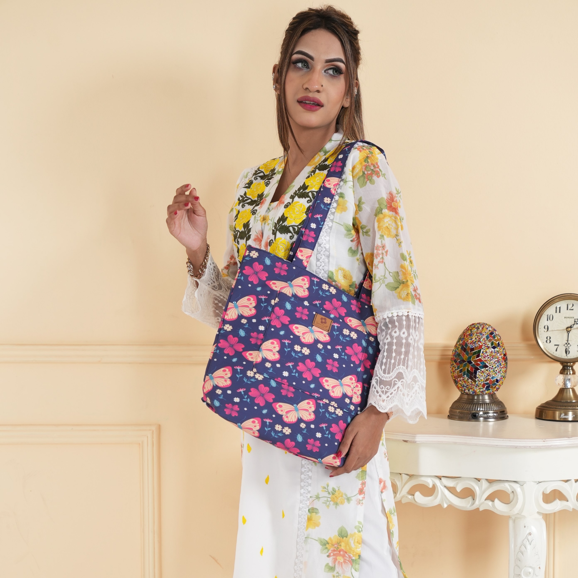 Picture of Insects Flowers Printed Top Handle Bags for Women and Girls Picture of Insects Flowers Printed Top Handle Bags for Women and Girls