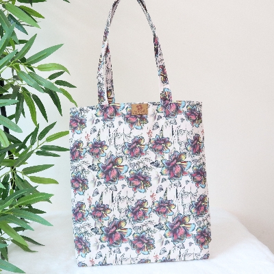 Picture of SamiaCrafts Printed Tote Bag: Multicolor Hand Drawn Flowers Tote Bag - Women's Shoulder Bag with Zipper