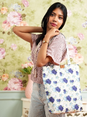 Picture of SamiaCrafts Premium Quality Women's Fabric Hand Bag With Zipper - Beautiful Blue Floral Seamless All Over Printed