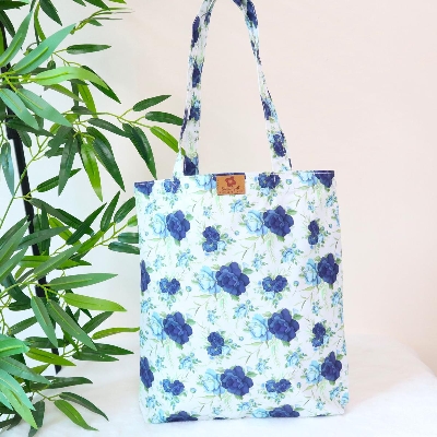 Picture of SamiaCrafts Premium Quality Women's Fabric Hand Bag With Zipper - Beautiful Blue Floral Seamless All Over Printed