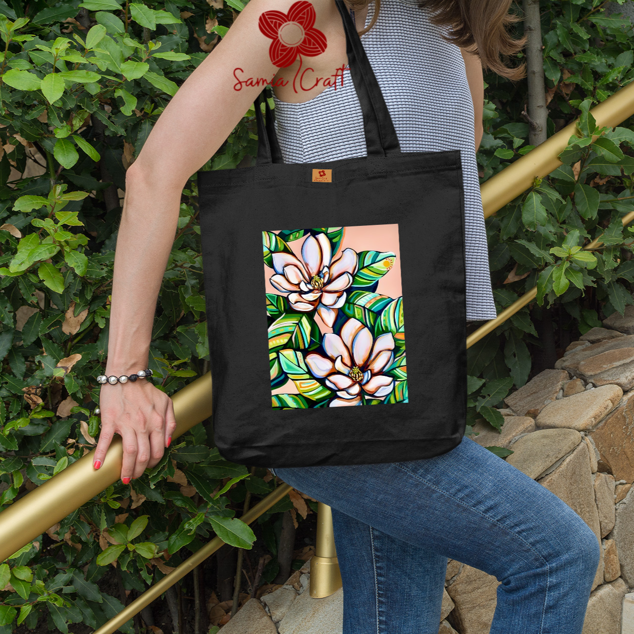 Picture of SamiaCrafts Versatile Canvas Tote Bag with Zipper for Women – Perfect for University, College, and Everyday Use