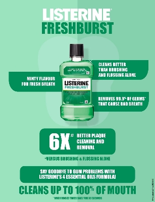 Picture of International European Product Listerine Fresh Burst Mouthwash Liquid, for fresh breath, Removes 99.9% Germs, 250ml