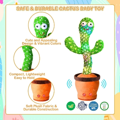 Picture of Dancing Cactus Toy - Talking & Singing Plush Toy, Repeats What You Say, LED Light Up, Baby Voice Recording, Wriggling Electronic Toy for Kids & Toddlers, Gift for Boys & Girls