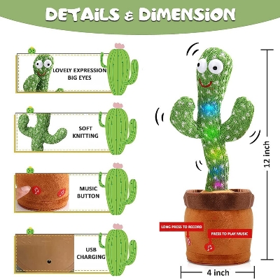 Picture of Dancing Cactus Toy - Talking & Singing Plush Toy, Repeats What You Say, LED Light Up, Baby Voice Recording, Wriggling Electronic Toy for Kids & Toddlers, Gift for Boys & Girls