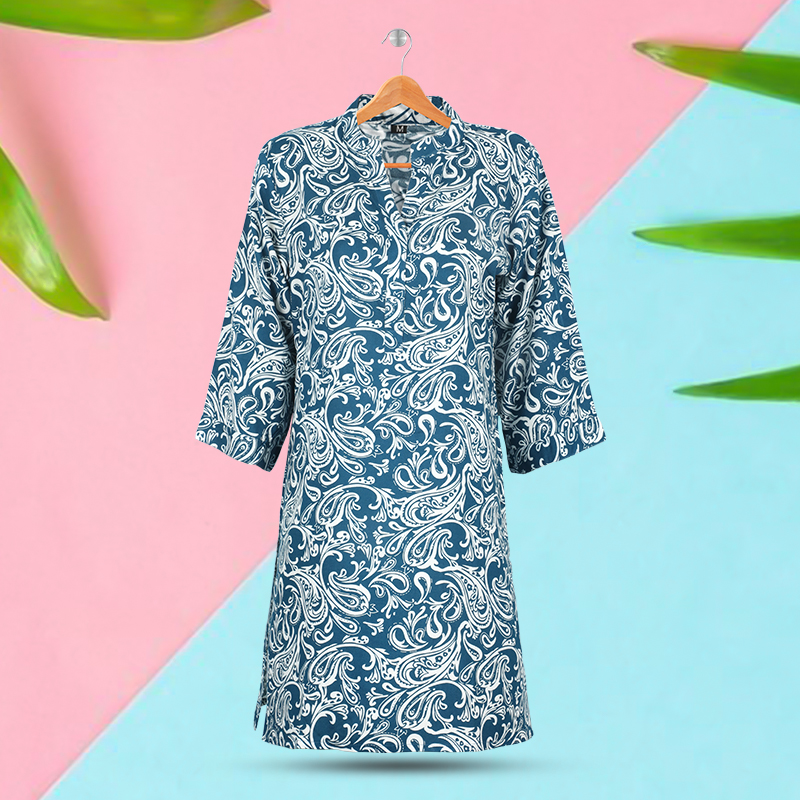 Picture of Teal and White Printed Kurti Picture of Teal and White Printed Kurti