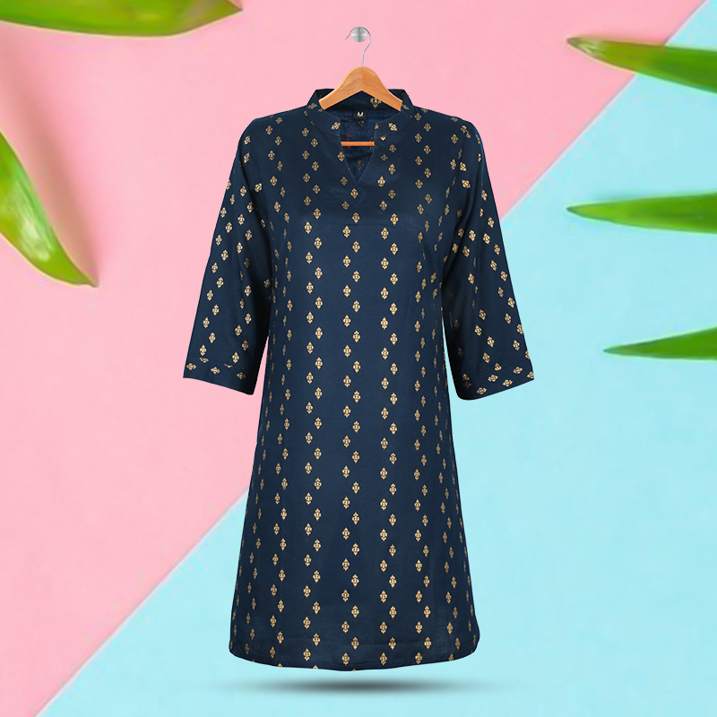 Picture of Navy Blue Linen Kurti with Afsan work Picture of Navy Blue Linen Kurti with Afsan work