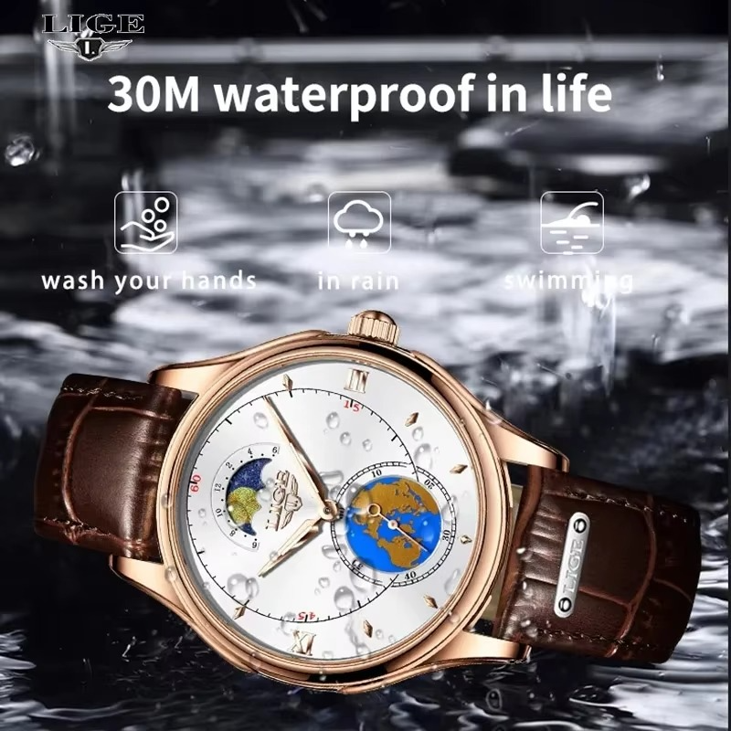 Picture of LIGE LG8952 Fashion Black Male Quartz Watch Men Genuine Leather Strap