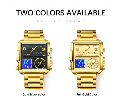 Picture of LIGE-8925 Golden Black Men's Luxury Dual Display Watch