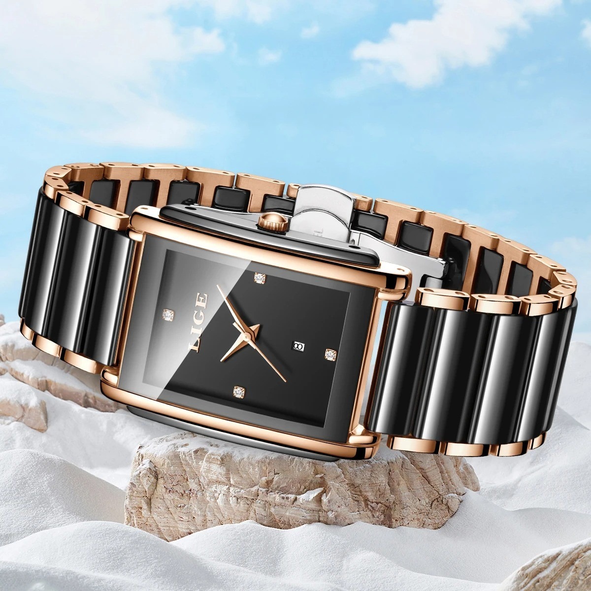 Picture of LIGE-89156 Black Watch Waterproof Fashion Creative Square Siramic Watch