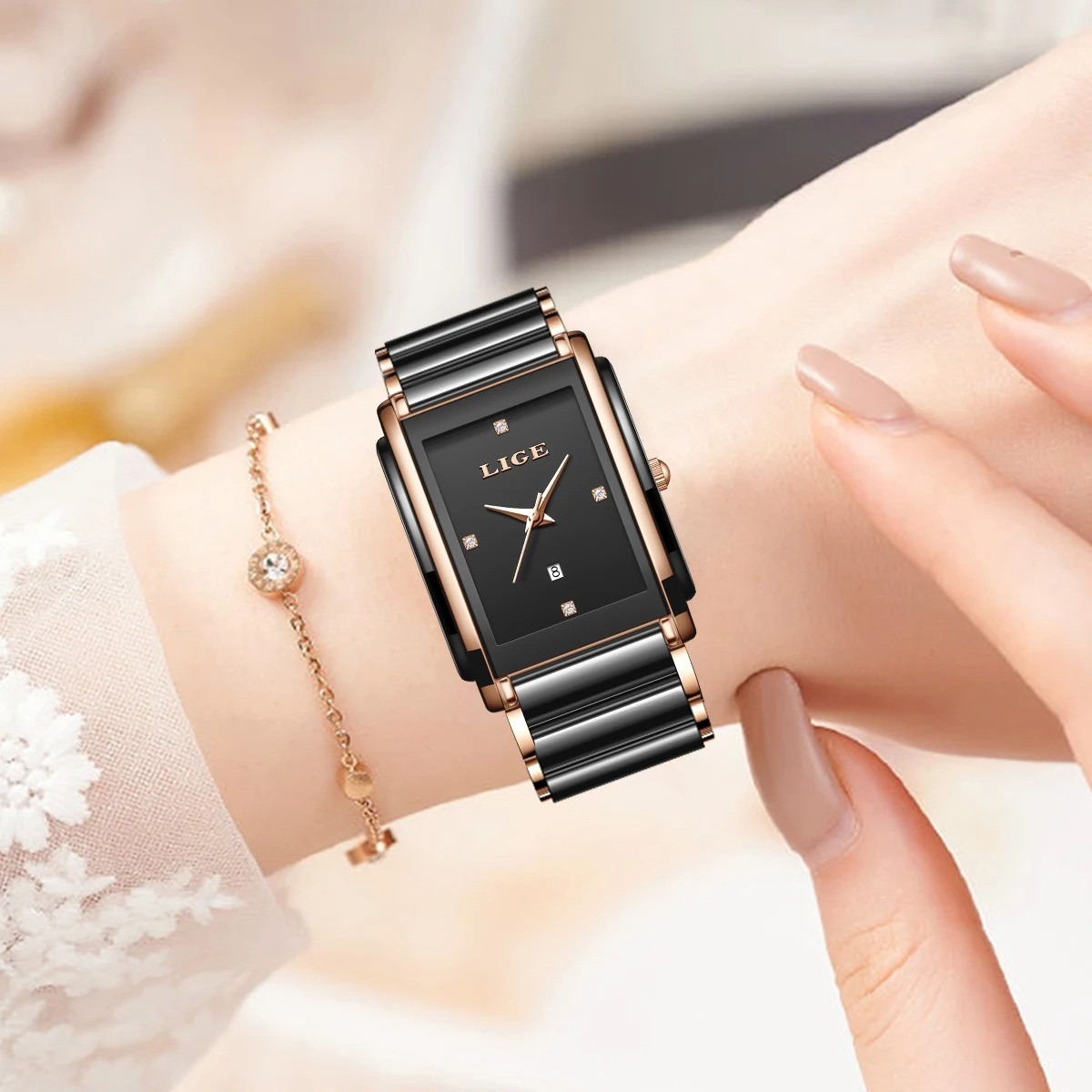 Picture of LIGE-89156 Black Watch Waterproof Fashion Creative Square Siramic Watch
