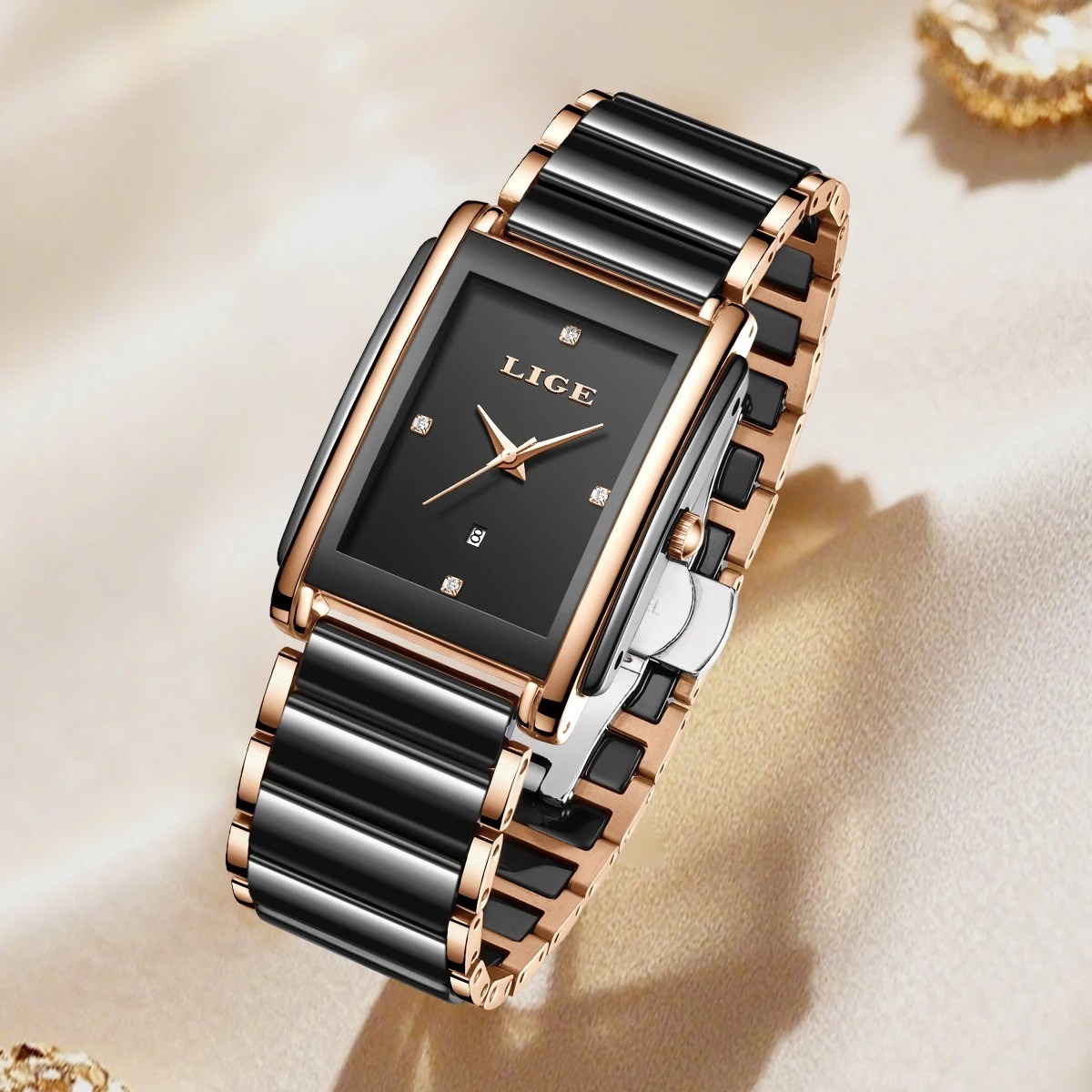 Picture of LIGE-89156 Black Watch Waterproof Fashion Creative Square Siramic Watch