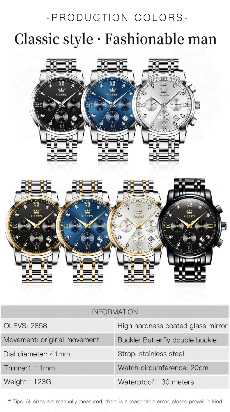Picture of OLEVS 2858 Stainless Steel Strap Quartz Watches for Men Multifunctional Three Eye Dial Business Waterproof Men Wristwatch