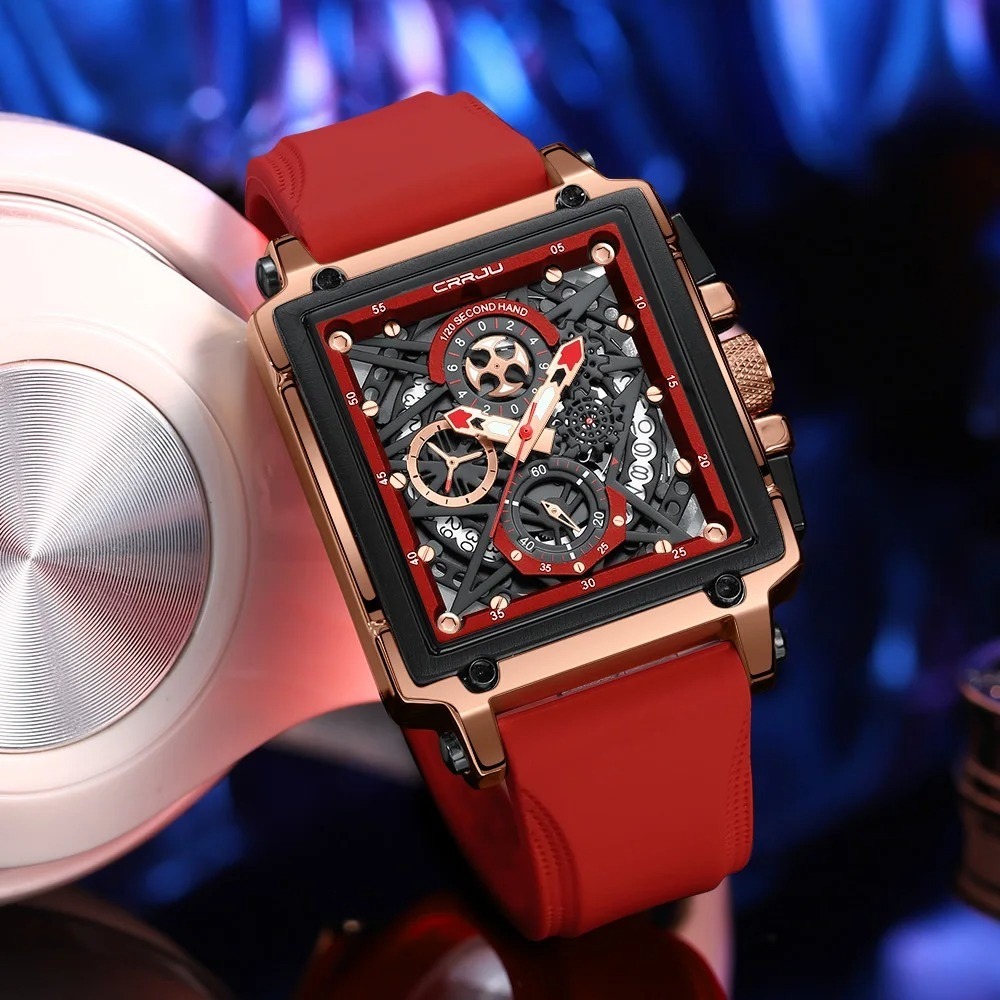Picture of CRRJU 2312 Red Luxury Sports Quartz Wristwatches for Men Colorful Multi Functional Square Type Watch
