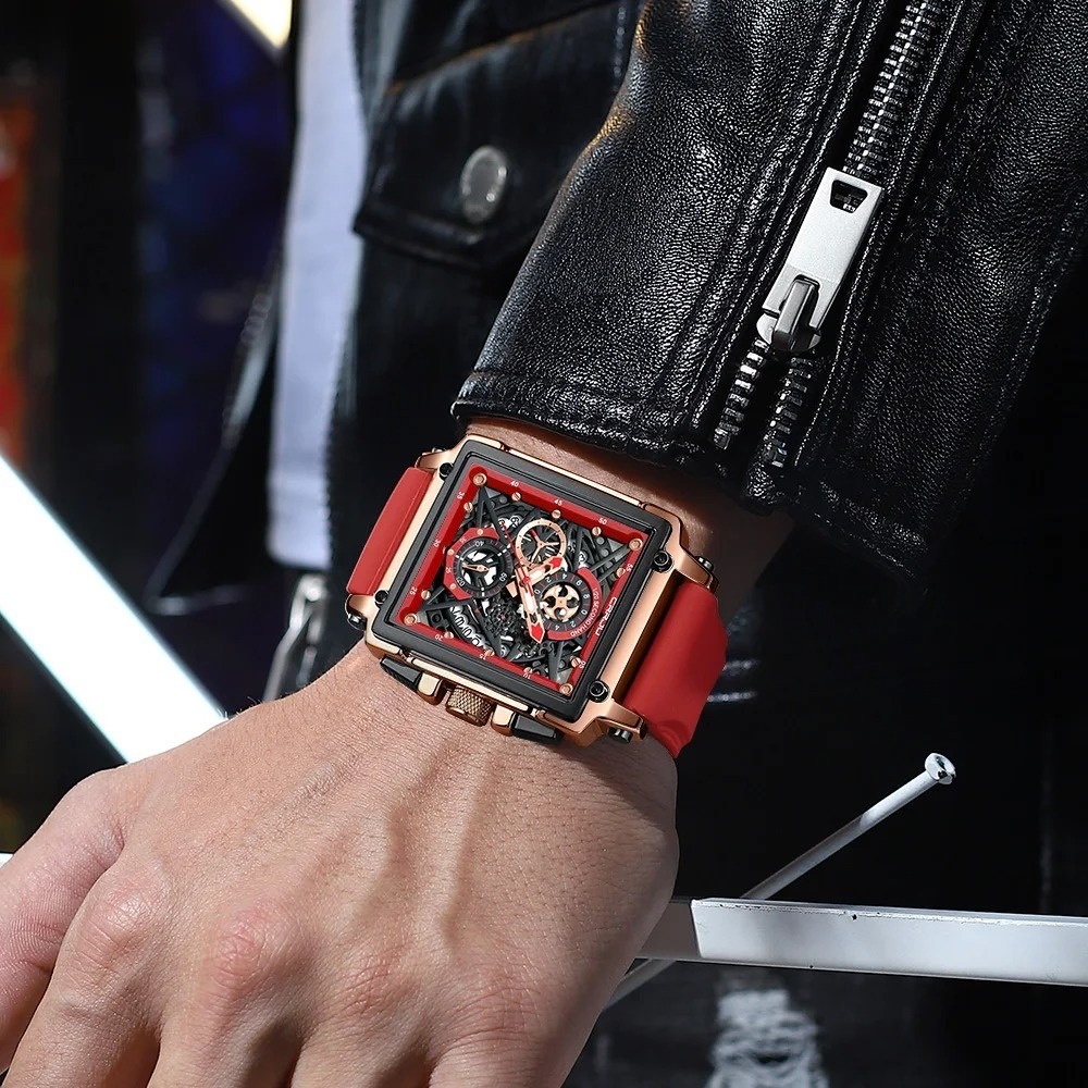 Picture of CRRJU 2312 Red Luxury Sports Quartz Wristwatches for Men Colorful Multi Functional Square Type Watch