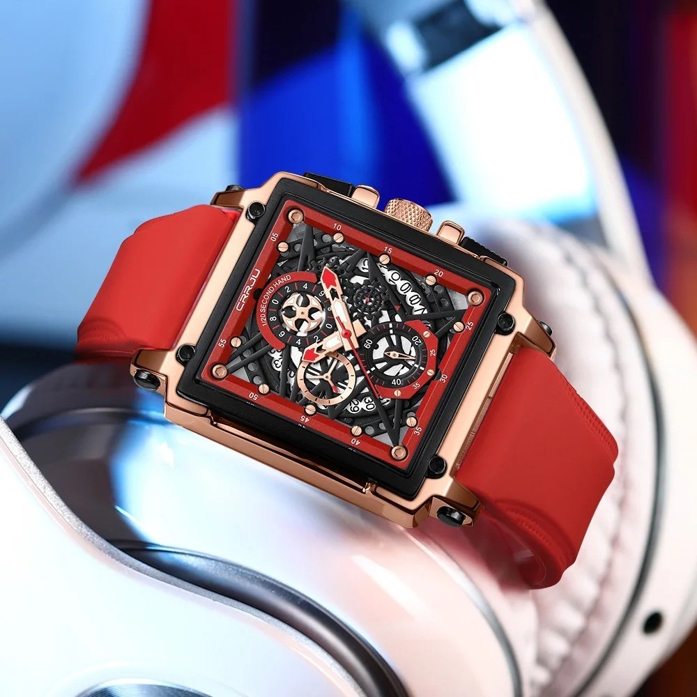 Picture of CRRJU 2312 Red Luxury Sports Quartz Wristwatches for Men Colorful Multi Functional Square Type Watch