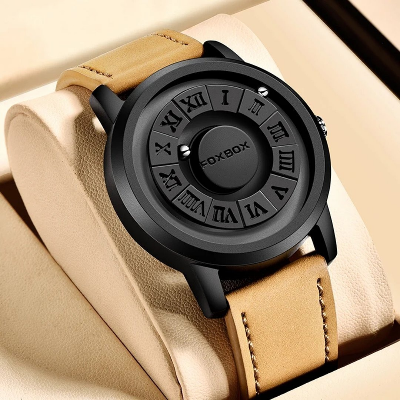 Picture of FOXBOX-Men's Magnetic Quartz Wristwatch Creative Scroll Pointer Genuine Leather Watch