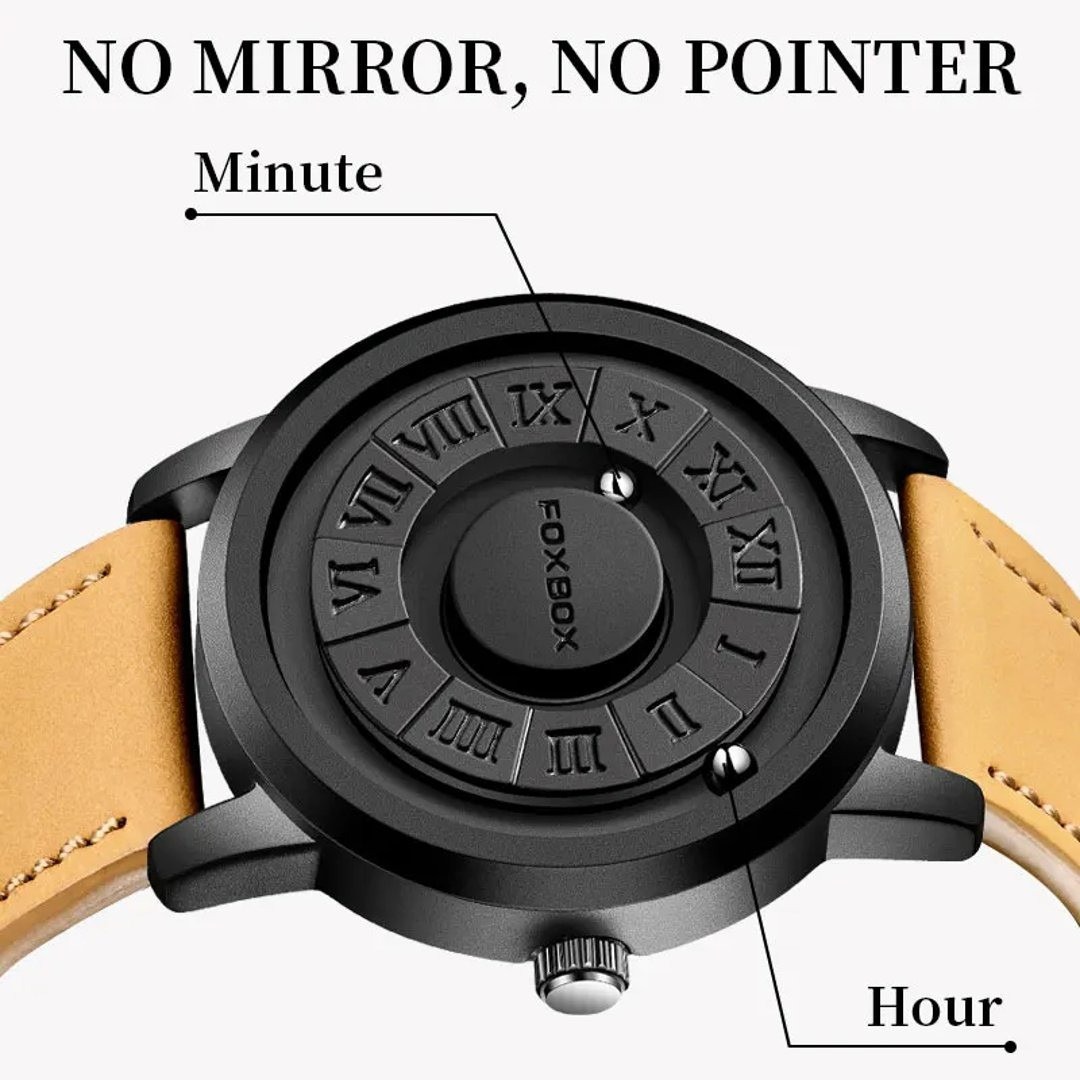 Picture of FOXBOX-Men's Magnetic Quartz Wristwatch Creative Scroll Pointer Genuine Leather Watch
