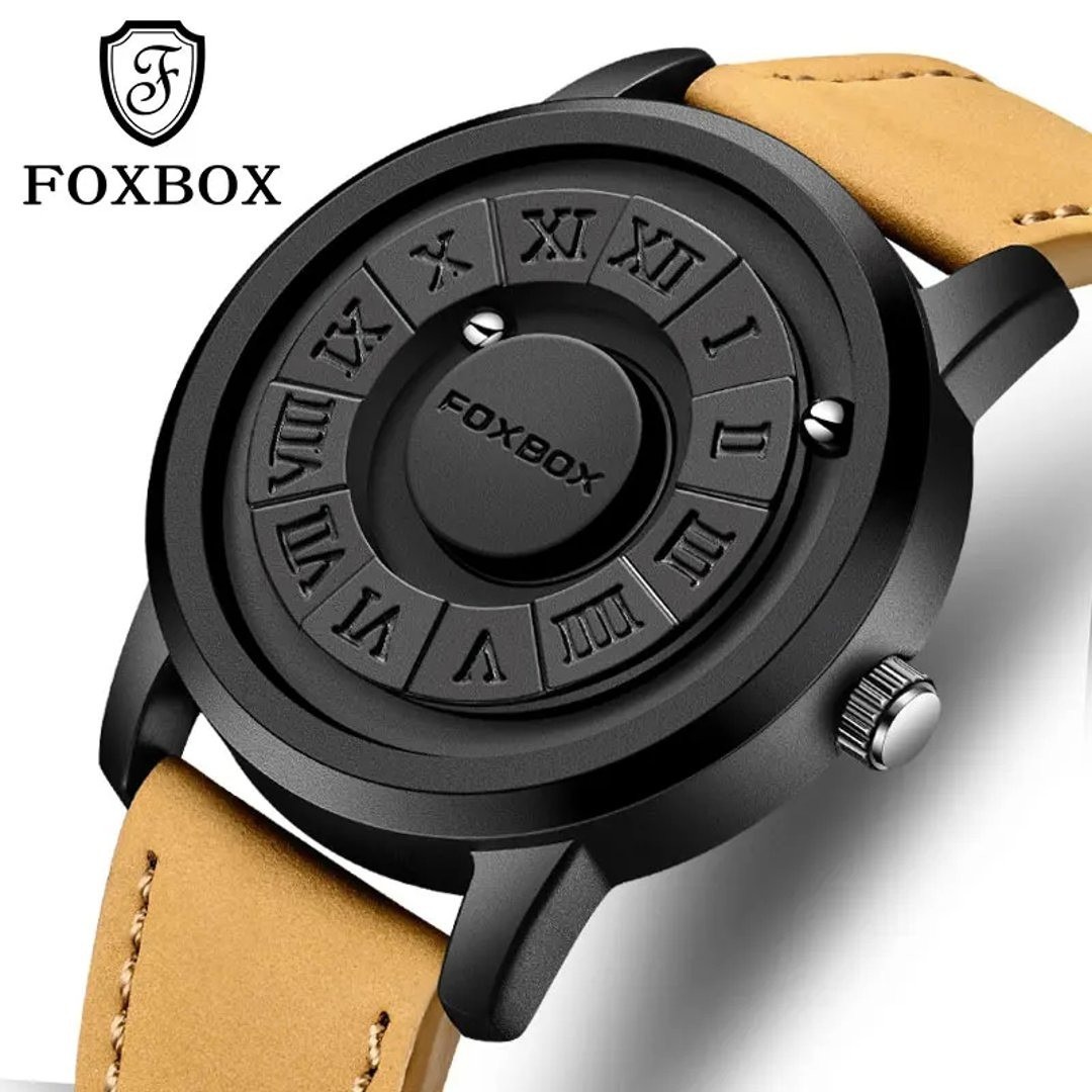 Picture of FOXBOX-Men's Magnetic Quartz Wristwatch Creative Scroll Pointer Genuine Leather Watch
