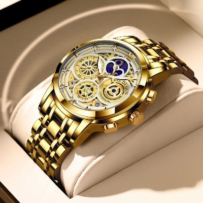 Picture of LIGE 8942 Mens Watches Top Brand Luxury Skeleton Quartz Wristwatch Fashion Business Stainless Gold Watch