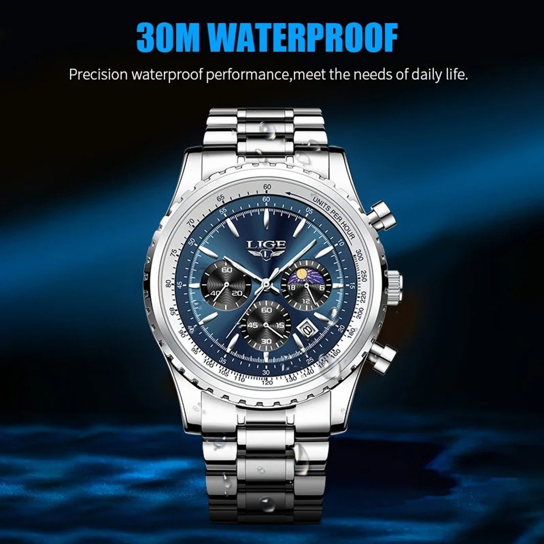 Picture of LIGE 8989 Fashion Men Watch Stainless Steel Top Brand Luxury Sport Chronograph Quartz Wrist Watches for Men Relogio Masculino+Box