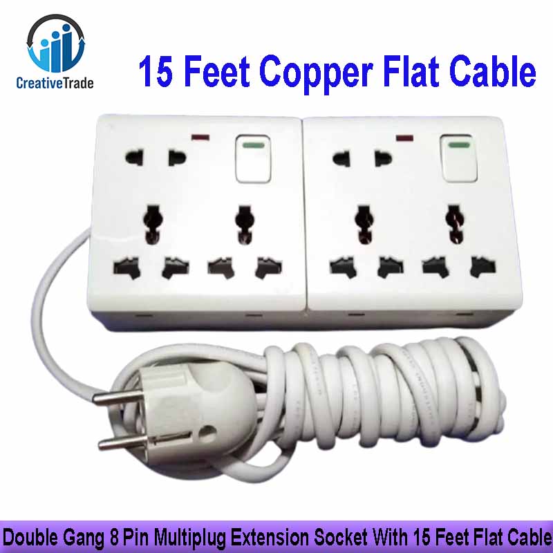 Picture of Double Gang 8 Pin Multiplug Extension Socket With 15 Feet Flat Cable