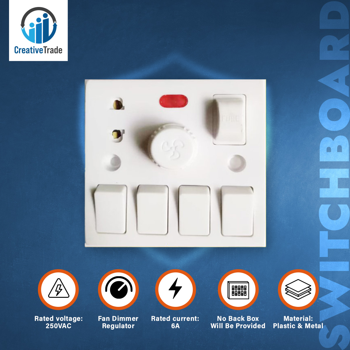 Picture of Universal 5 In 1 AC 250V 6A Combine 4 Pcs Gang Switch + Fan Dimmer Regulator + 2 Pin Socket and LED Indicator + Fuse Combine Wall Gang Switch Box Picture of Universal 5 In 1 AC 250V 6A Combine 4 Pcs Gang Switch + Fan Dimmer Regulator + 2 Pin Socket and LED Indicator + Fuse Combine Wall Gang Switch Box