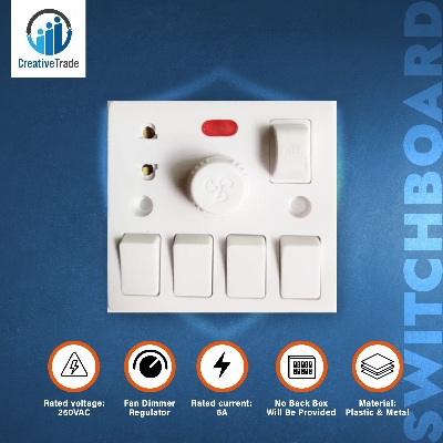Picture of Universal 5 In 1 AC 250V 6A Combine 4 Pcs Gang Switch + Fan Dimmer Regulator + 2 Pin Socket and LED Indicator + Fuse Combine Wall Gang Switch Box Picture of Universal 5 In 1 AC 250V 6A Combine 4 Pcs Gang Switch + Fan Dimmer Regulator + 2 Pin Socket and LED Indicator + Fuse Combine Wall Gang Switch Box