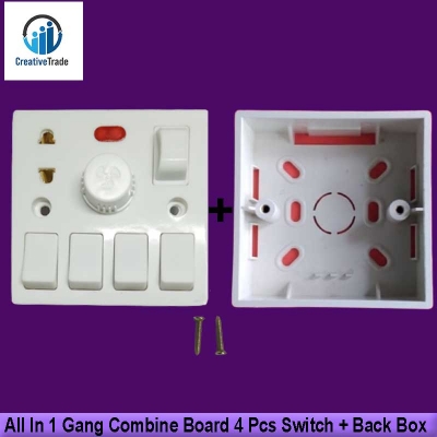 Picture of All In 1 Gang Combine Board 4 Pcs  Switch + Fan Dimmer Regulator + 2 Pin Socket and LED Indicator + Fuse With 1 Back Cover Junction Box Picture of All In 1 Gang Combine Board 4 Pcs  Switch + Fan Dimmer Regulator + 2 Pin Socket and LED Indicator + Fuse With 1 Back Cover Junction Box