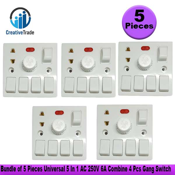 Picture of Bundle of 5 Pieces Universal 5 In 1 AC 250V 6A Combine 4 Pcs Gang Switch Fan Dimmer Regulator 2 Pin Socket and LED Indicator Fuse Combine switch box Picture of Bundle of 5 Pieces Universal 5 In 1 AC 250V 6A Combine 4 Pcs Gang Switch Fan Dimmer Regulator 2 Pin Socket and LED Indicator Fuse Combine switch box