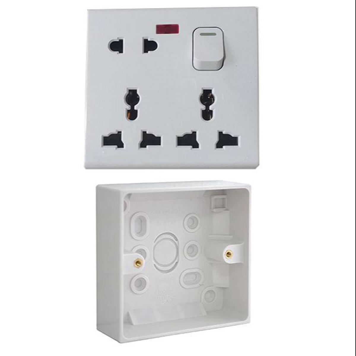 Picture of One Gang PVC with Universal 8 Pin Multi with 2 Pin and 3 Pin Combined Function Universal Socket with Switch 8 Pin Multy 1Gang Back Cover Junction Box